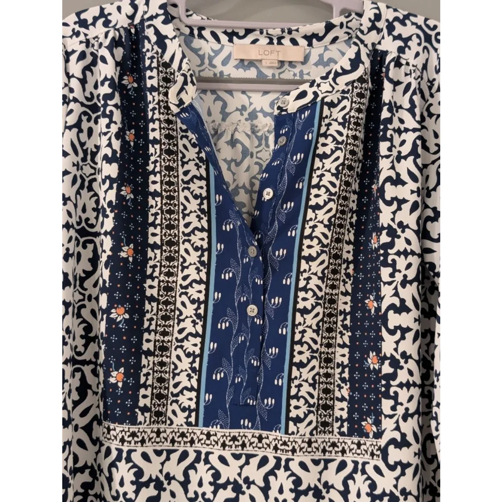 Women's LOFT Blue & White Patterned Long Sleeve Dress S - Picture 2 of 8